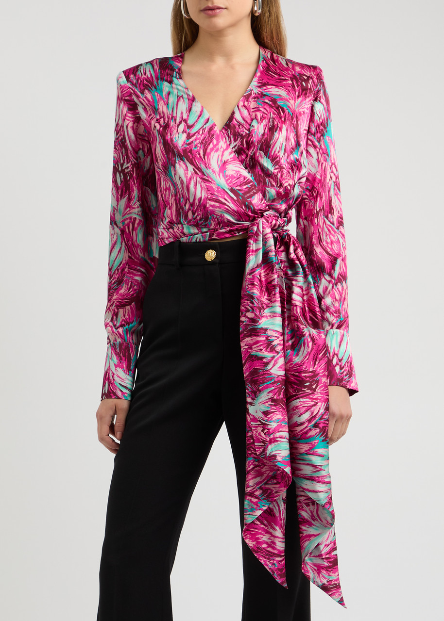 Balmain Silk Feather Print Wrap Blouse In Multi Print