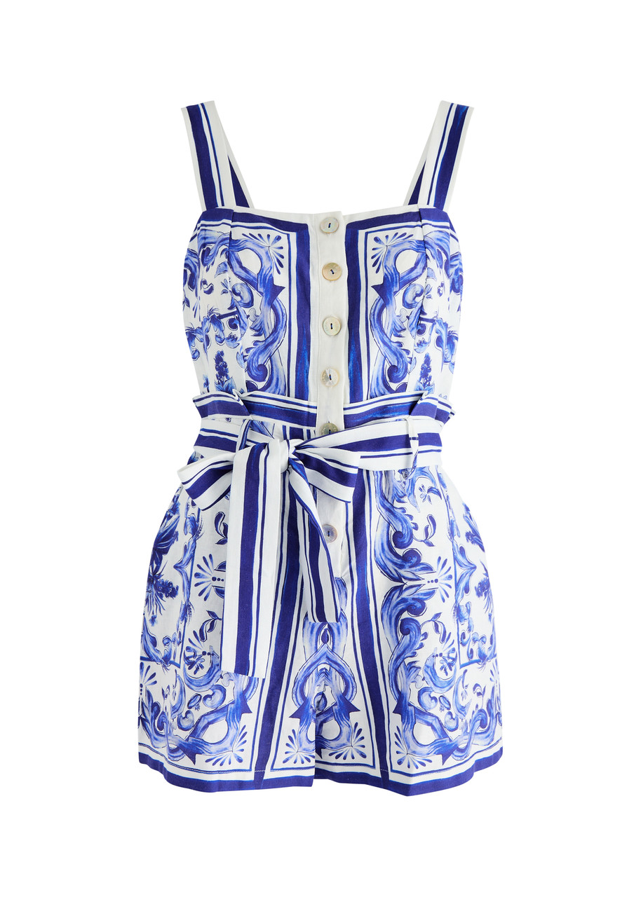 Farm Rio Garden Tiles Printed Linen-blend Playsuit - Multicoloured - XS (UK6 /xs)