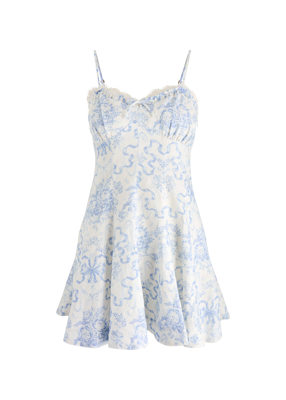Loveshackfancy Shai Printed Linen Mini Dress In Blue