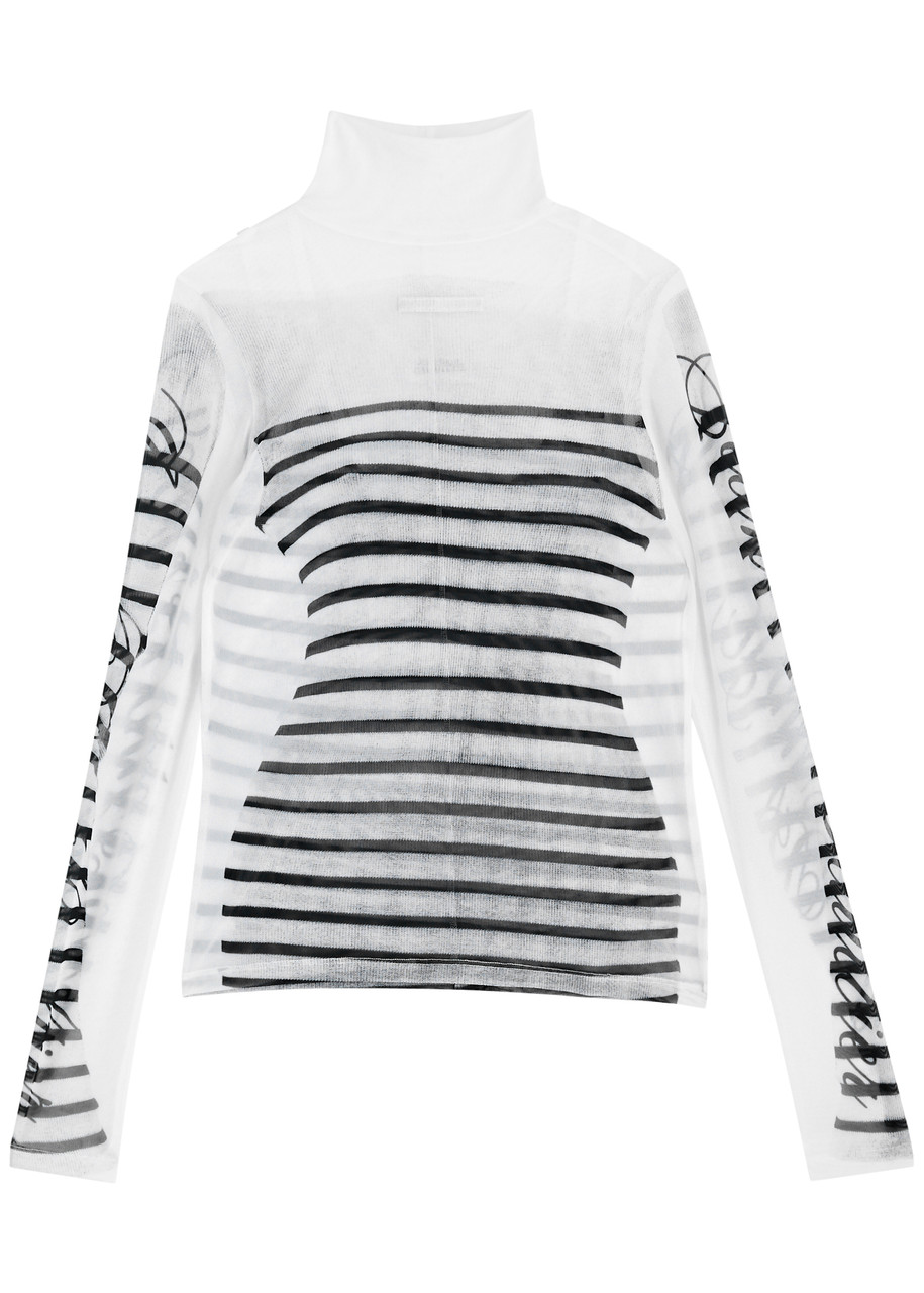 Jean Paul Gaultier Spandex Mesh Printed Feathers Mariniere Top M In White