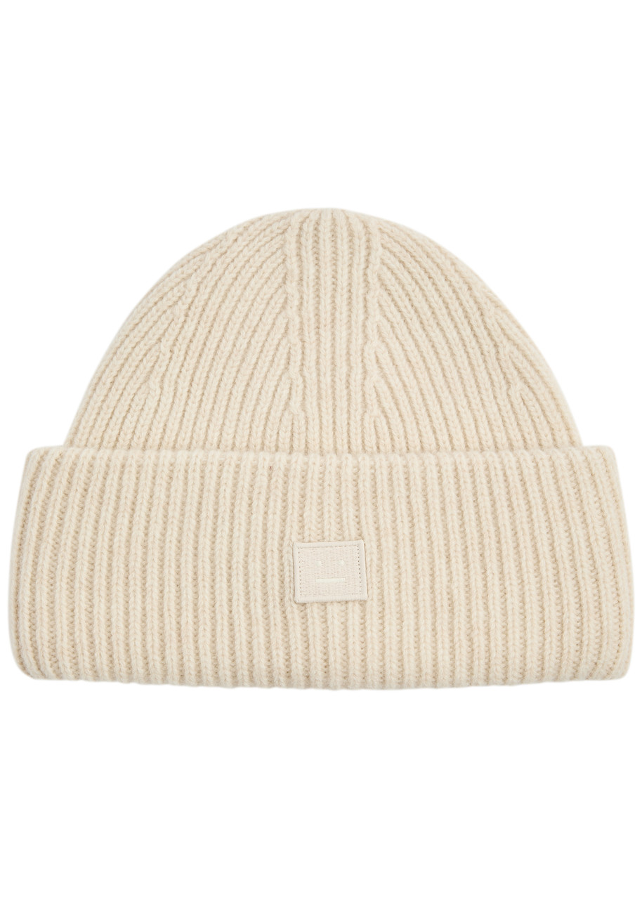 Acne Studios Logo Ribbed Wool Beanie - Cream - One Size