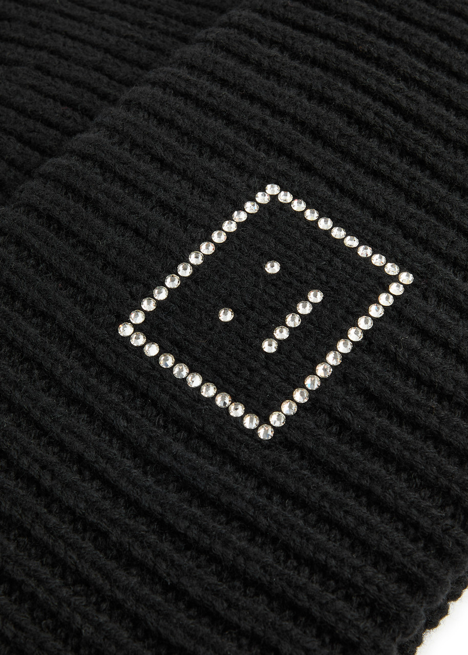 Acne Studios Crystal-embellished Ribbed Wool Beanie In Black