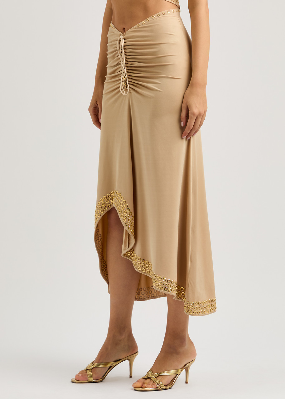 Rabanne Embroidered Eyelets Asymmetric Skirt In Beige