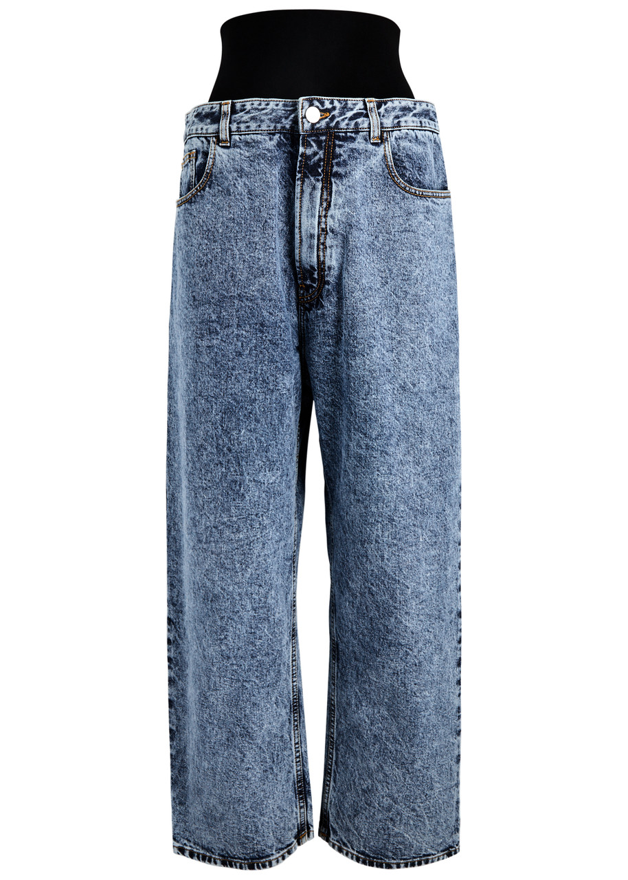 Alaïa Wide Denim Jeans With Knitted Band In Blue Denim