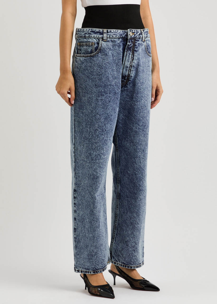 Alaïa Wide Denim Jeans With Knitted Band In Blue Denim