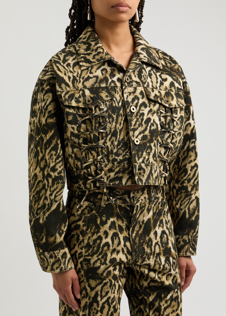 Jean Paul Gaultier Leopard-print Lace-up Denim Jacket In Leopard