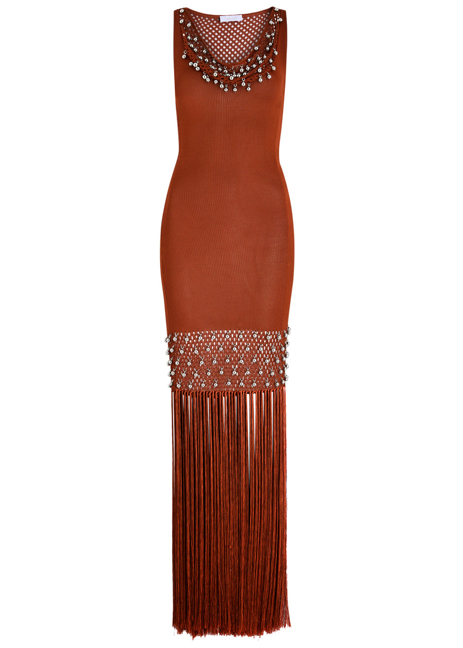 Rabanne Fringed Embellished Crocheted Cotton Maxi Dress In Red
