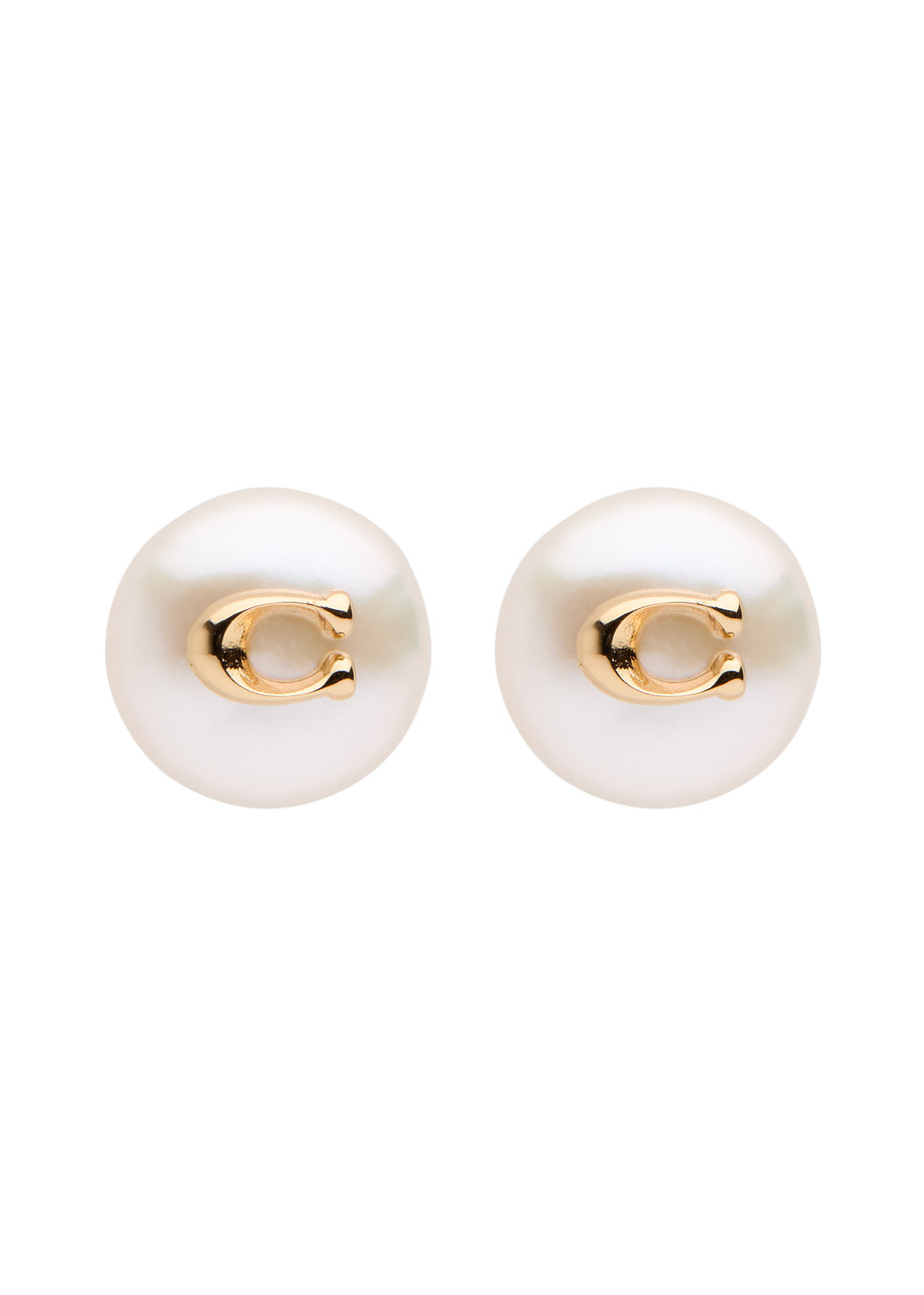 Coach Logo Faux Pearl Stud Earrings In Pearl