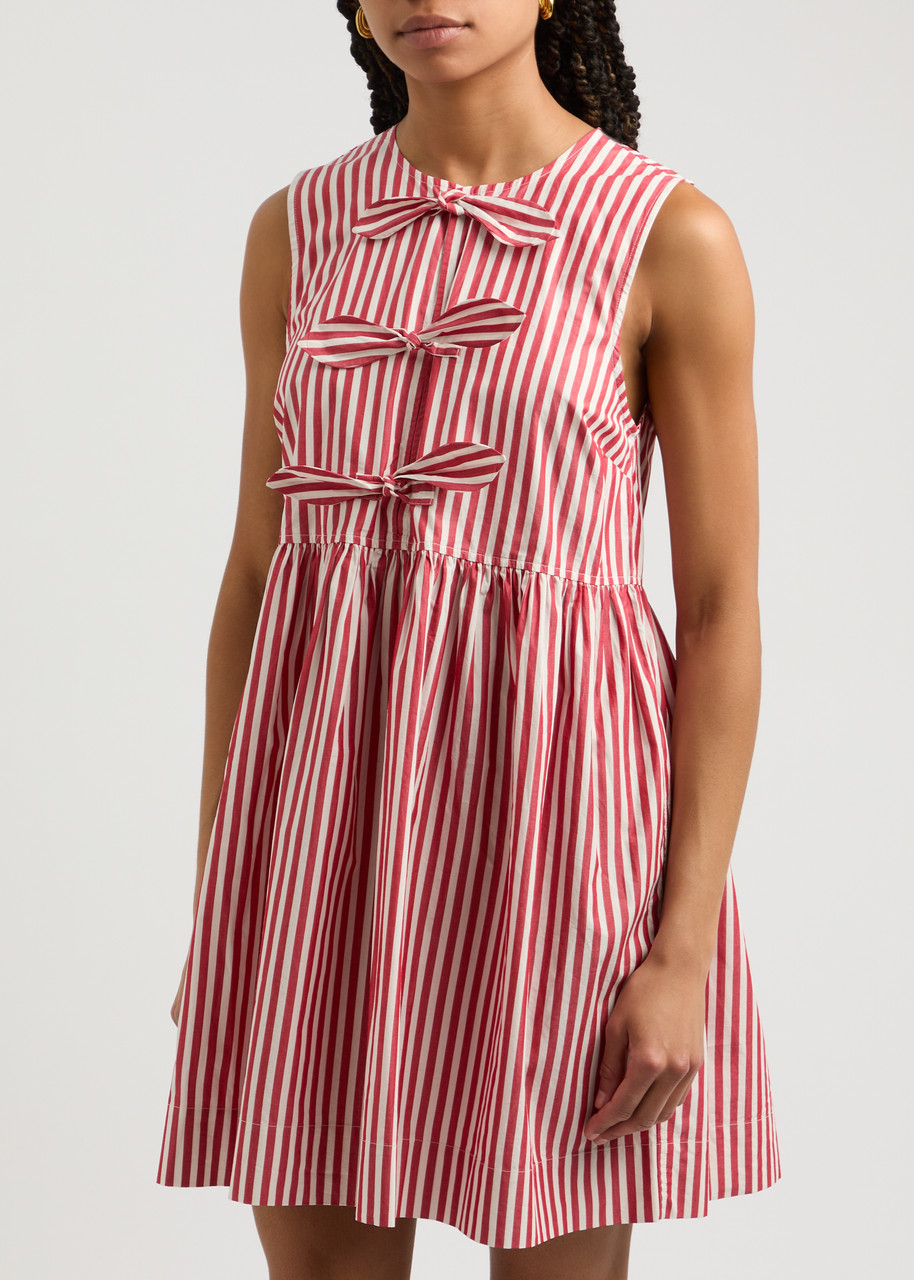 Shop Ganni Striped Cotton Mini Dress In Red And White