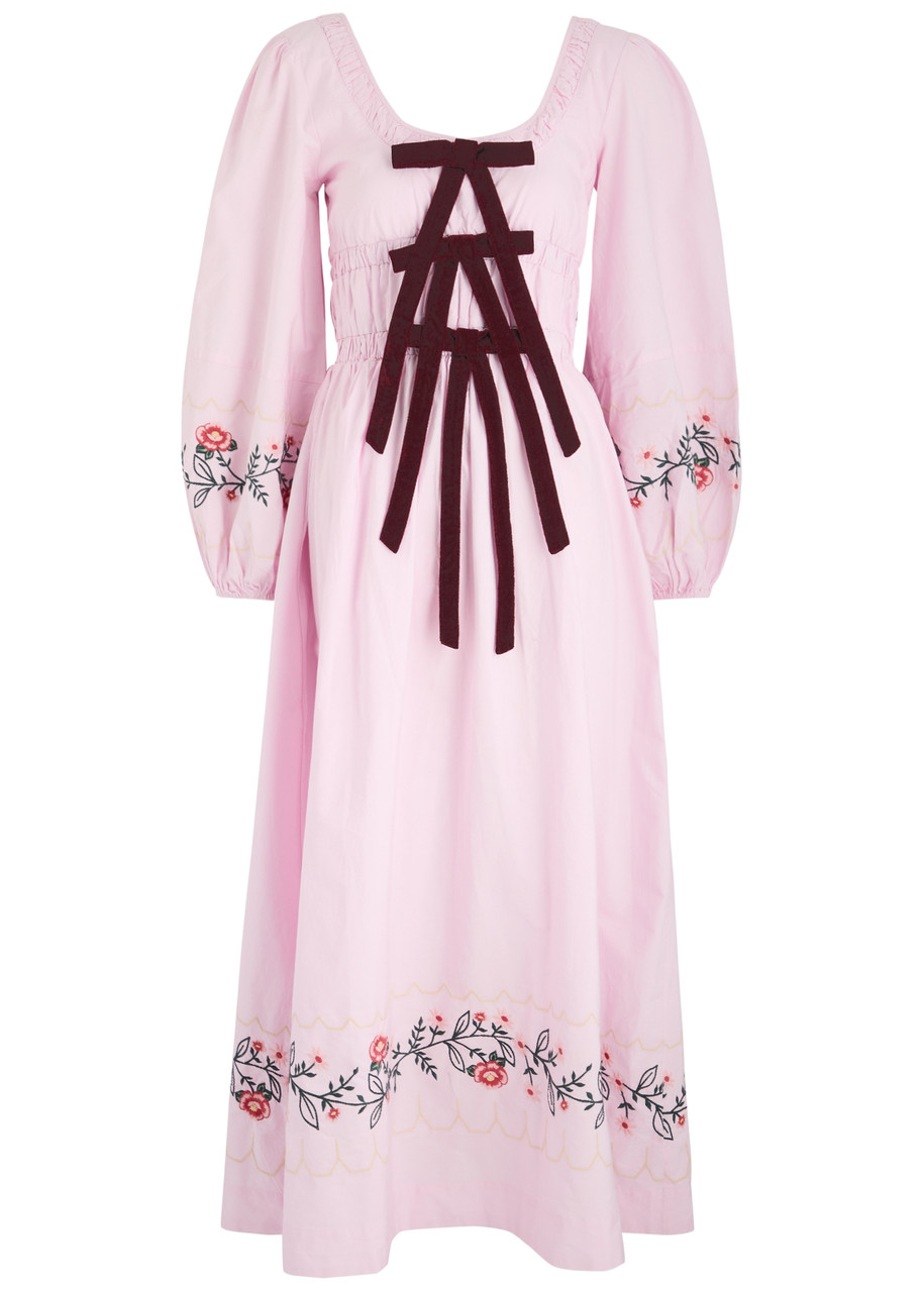 Damson Madder Dakota Floral-embroidered Cotton Midi Dress - Pink