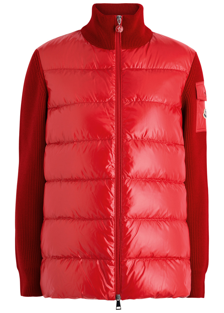 Moncler Mixed Media Wool Puffer Cardigan In Red