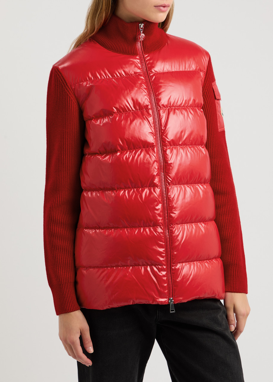 Moncler Mixed Media Wool Puffer Cardigan In Red