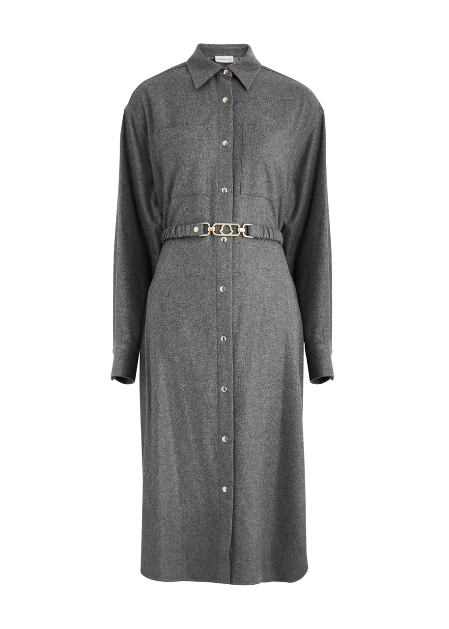 Moncler Belted Wool-blend Midi Shirt Dress - Grey
