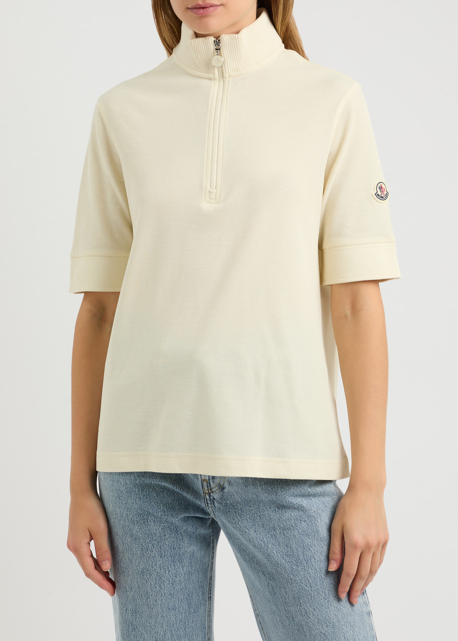 Moncler Half-zip Piqué Cotton T-shirt In Ivory