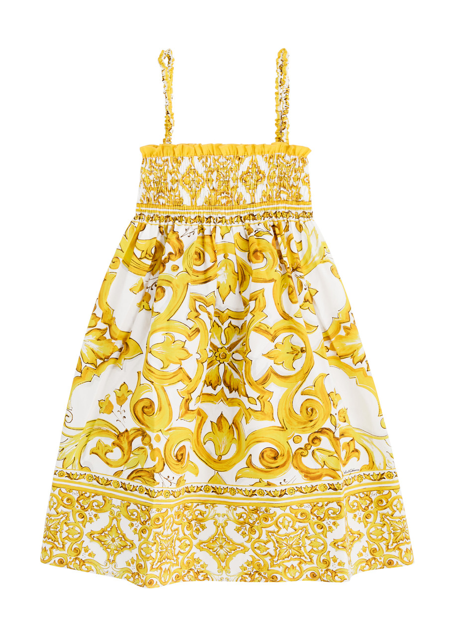 Dolce & Gabbana Mix Maiolica Giallo Barocco Shoulder-straps Cotton-poplin Dress 4-12 Y In Yellow