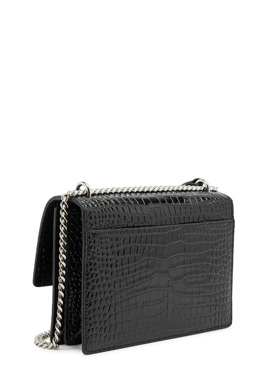 Saint Laurent Sunset Medium Crocodile-effect Leather Shoulder Bag In Black