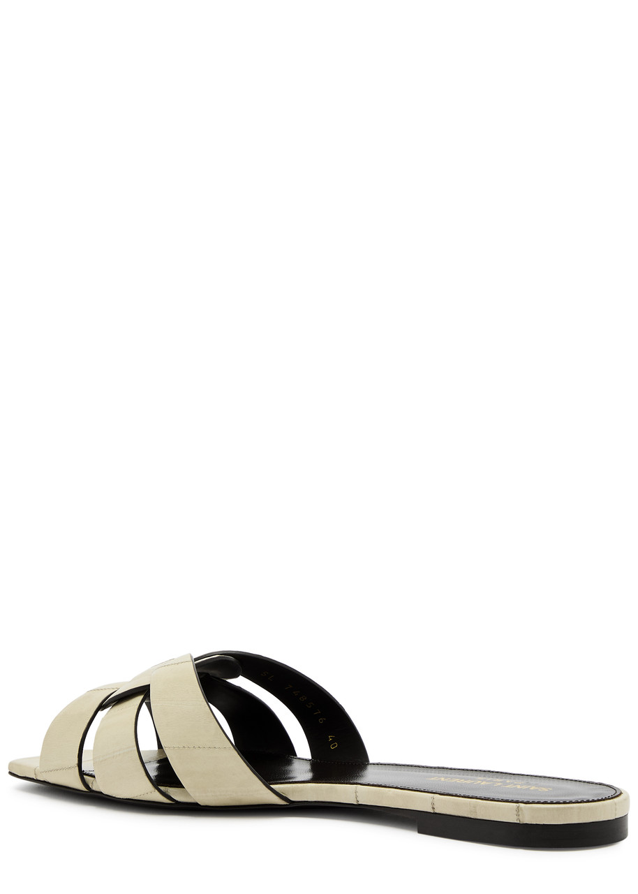 Saint Laurent Tribute Crocodile-effect Leather Sliders In Ivory