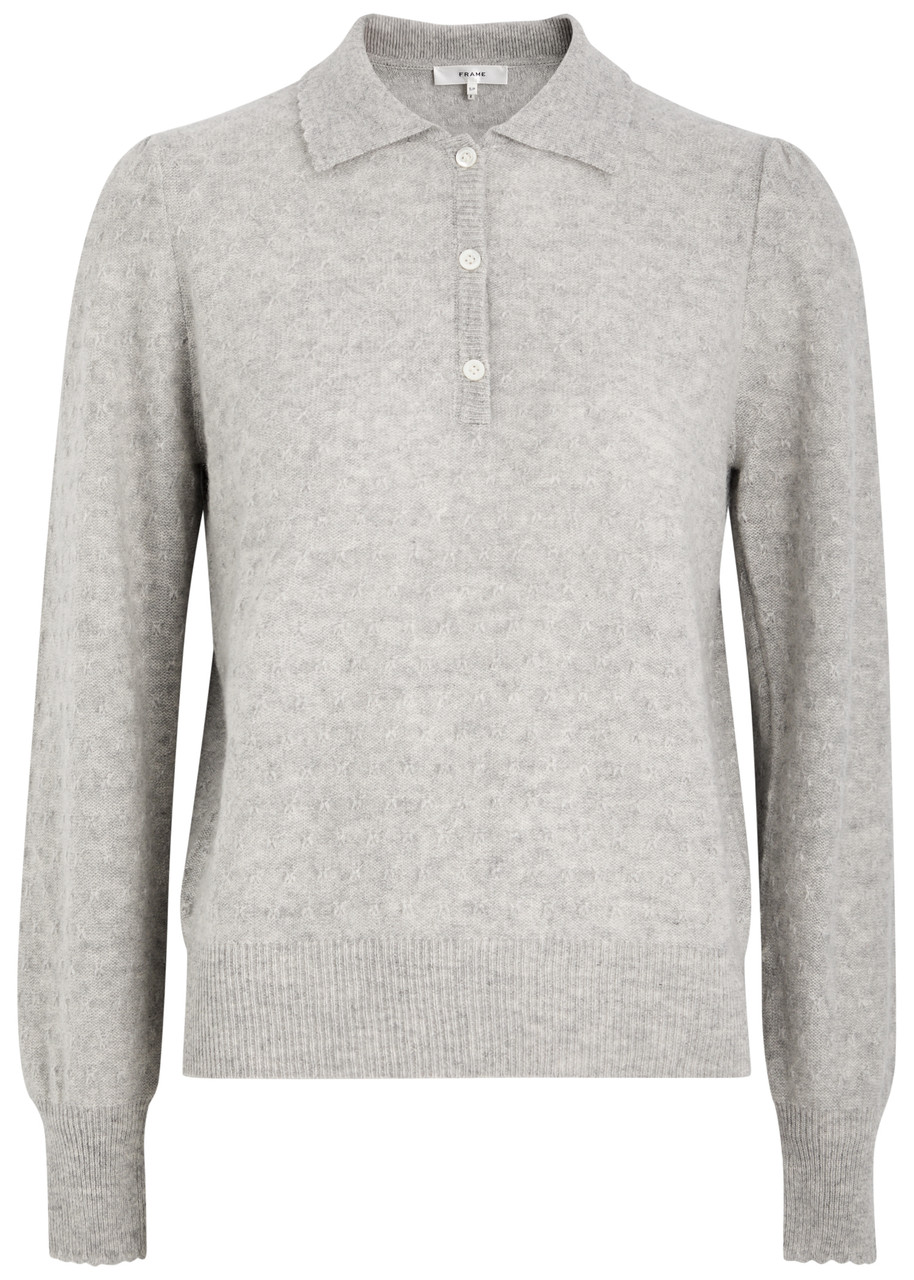 Frame Kaschmirpullover In Pointelle-strick Mit Polokragen In Light Grey