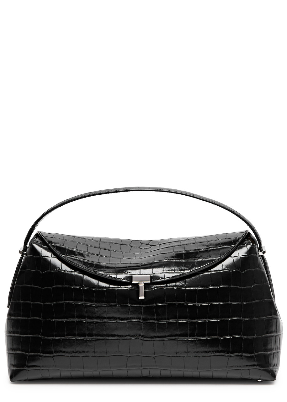 Totême Toteme T-lock Crocodile-effect Leather Top Handle Bag In Black