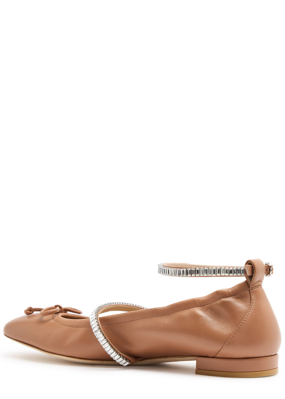 Stuart Weitzman Stefanie Embellished Leather Ballet Flats In Tan