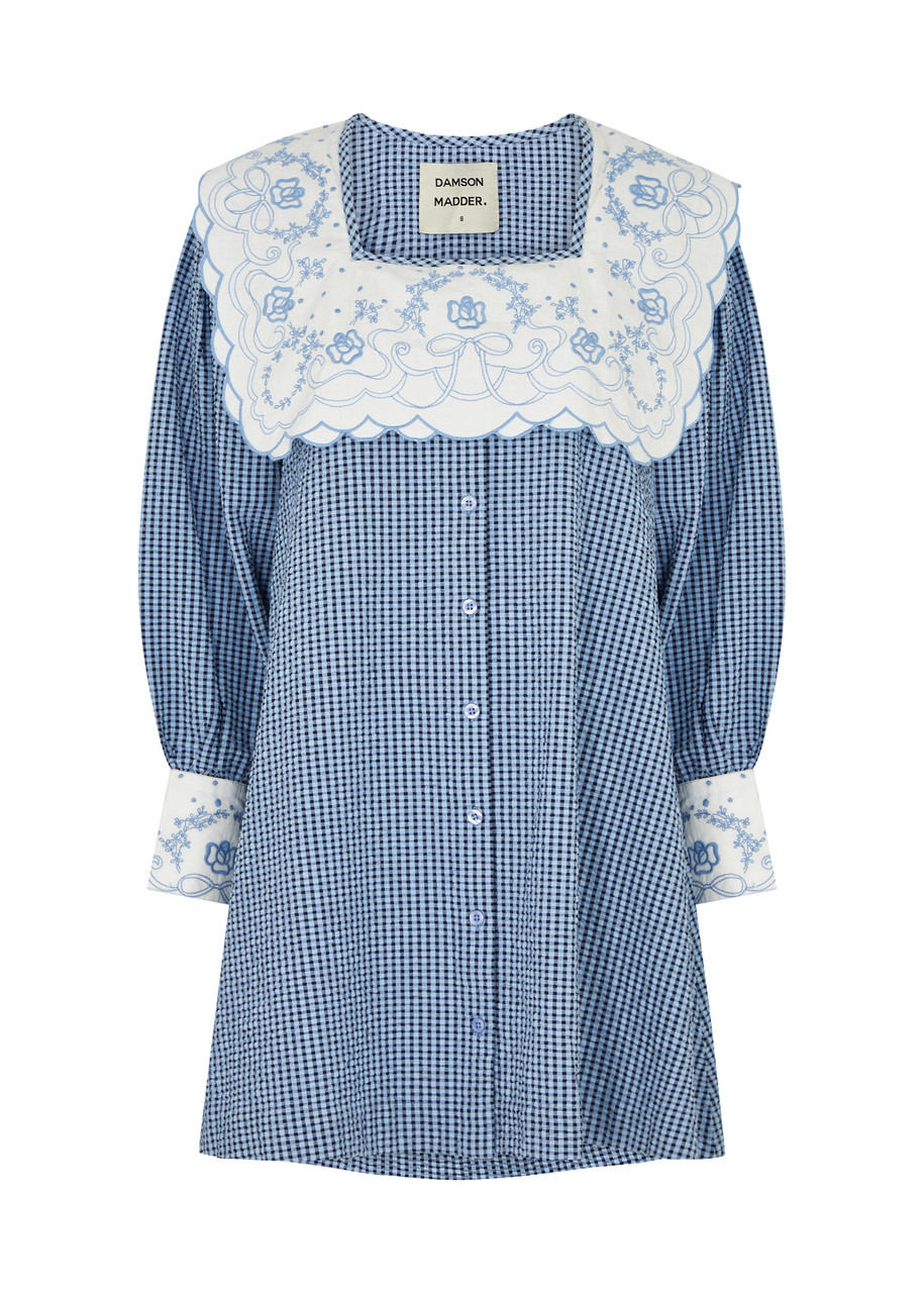 Damson Madder Mala Gingham Seersucker Mini Dress - Blue - 14 (UK14 / L)