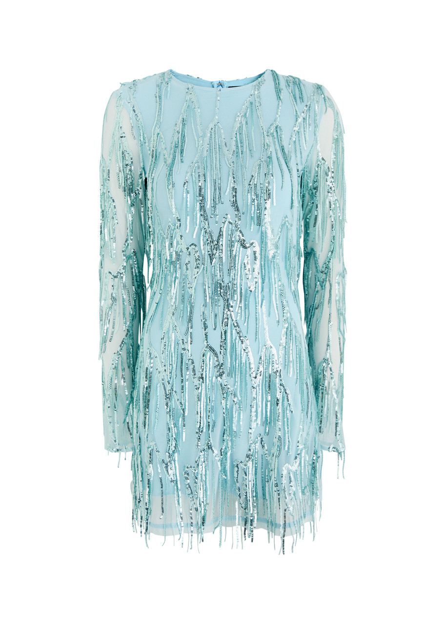 Rotate Sunday Fringed Sequin-embellished Tulle Mini Dress - Blue