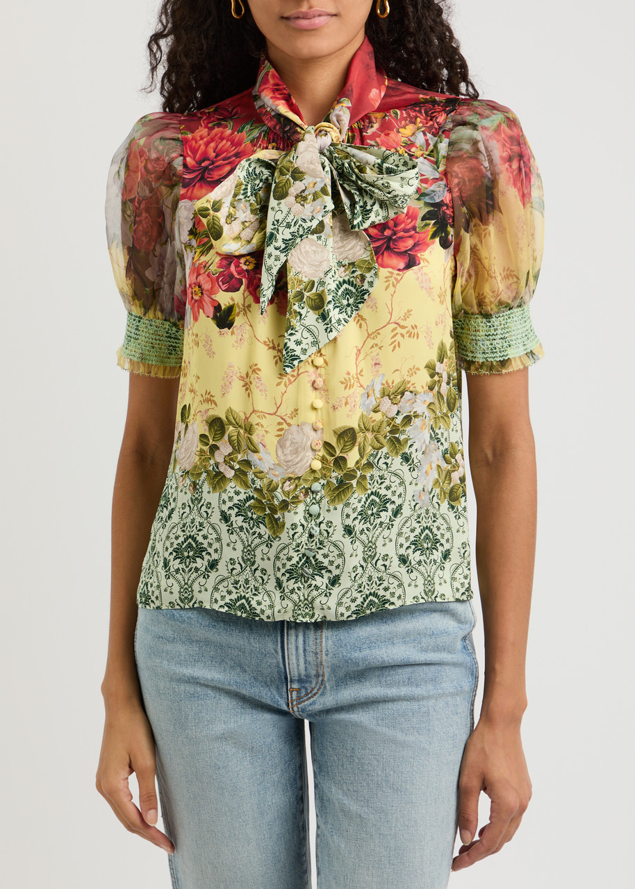 Alice And Olivia Brentley Tie Neck Puff Sleeve Blouse In Multicoloured 1