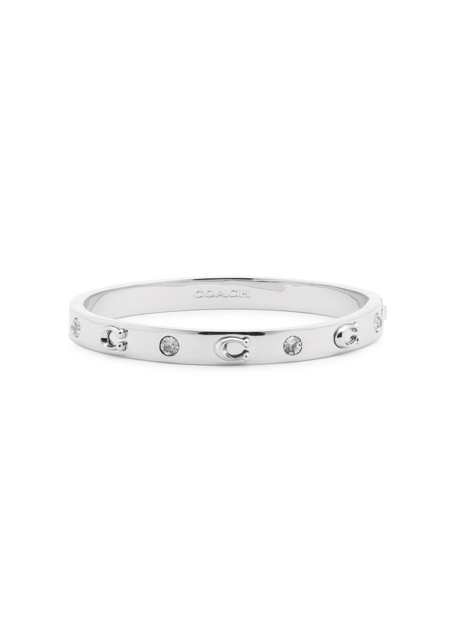 Coach Womens Rhodium Pegged C Monogram Hinged Cubic Zirconia And Brass Bangle In Silver