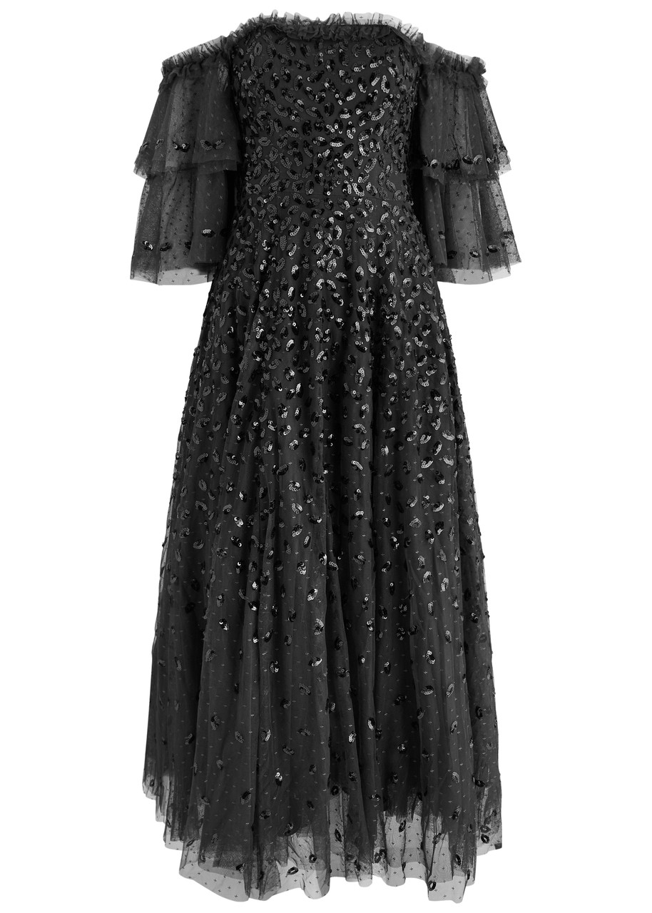 Needle & Thread Autumn Leaves Off-shoulder Sequined Gown In Black
