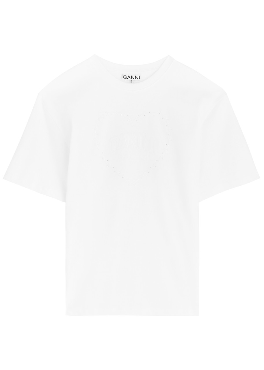 Ganni Logo Crystal-embellished Cotton T-shirt - White - M (UK12 / M)