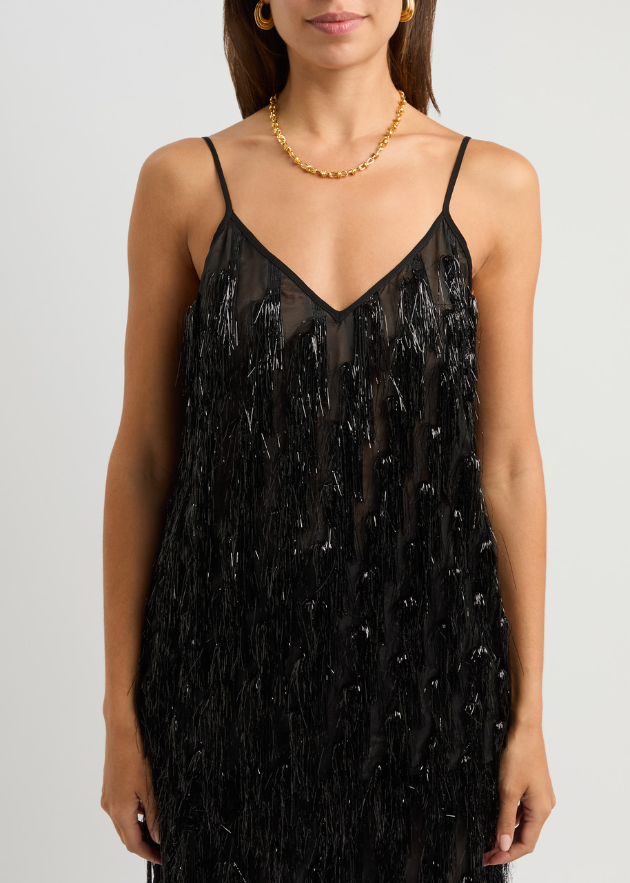 Stella Mccartney Sleeveless Glitter Tassel V-neck Top In Black