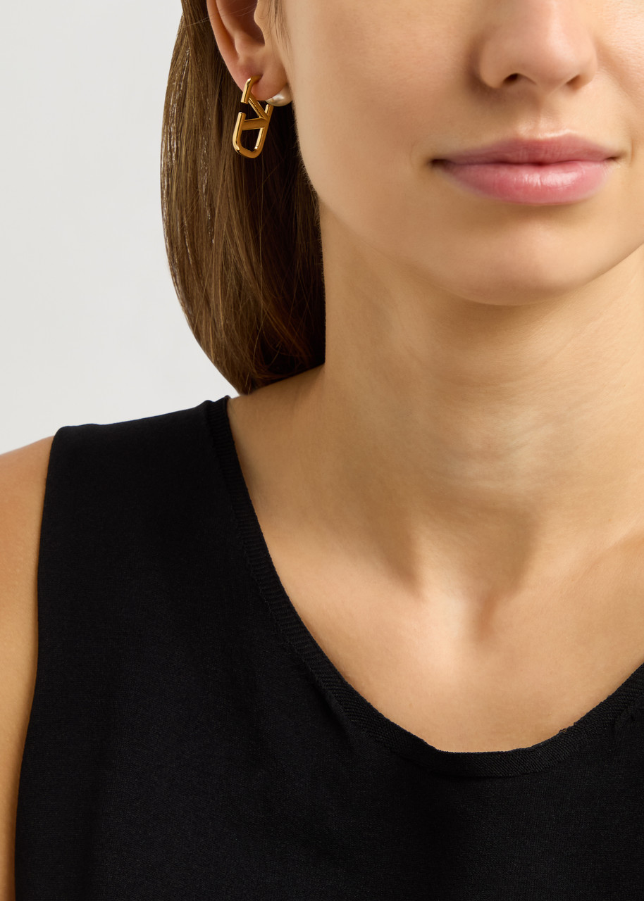 Valentino Vlogo Faux Pearl-embellished Hoop Earrings In Gold