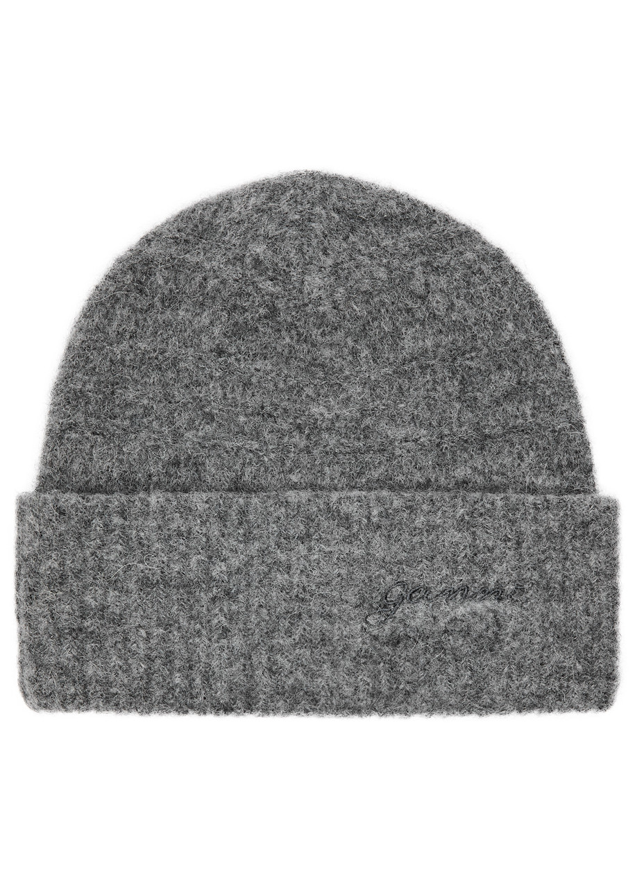 Ganni Logo-embroidered Knitted Beanie - Grey - One Size