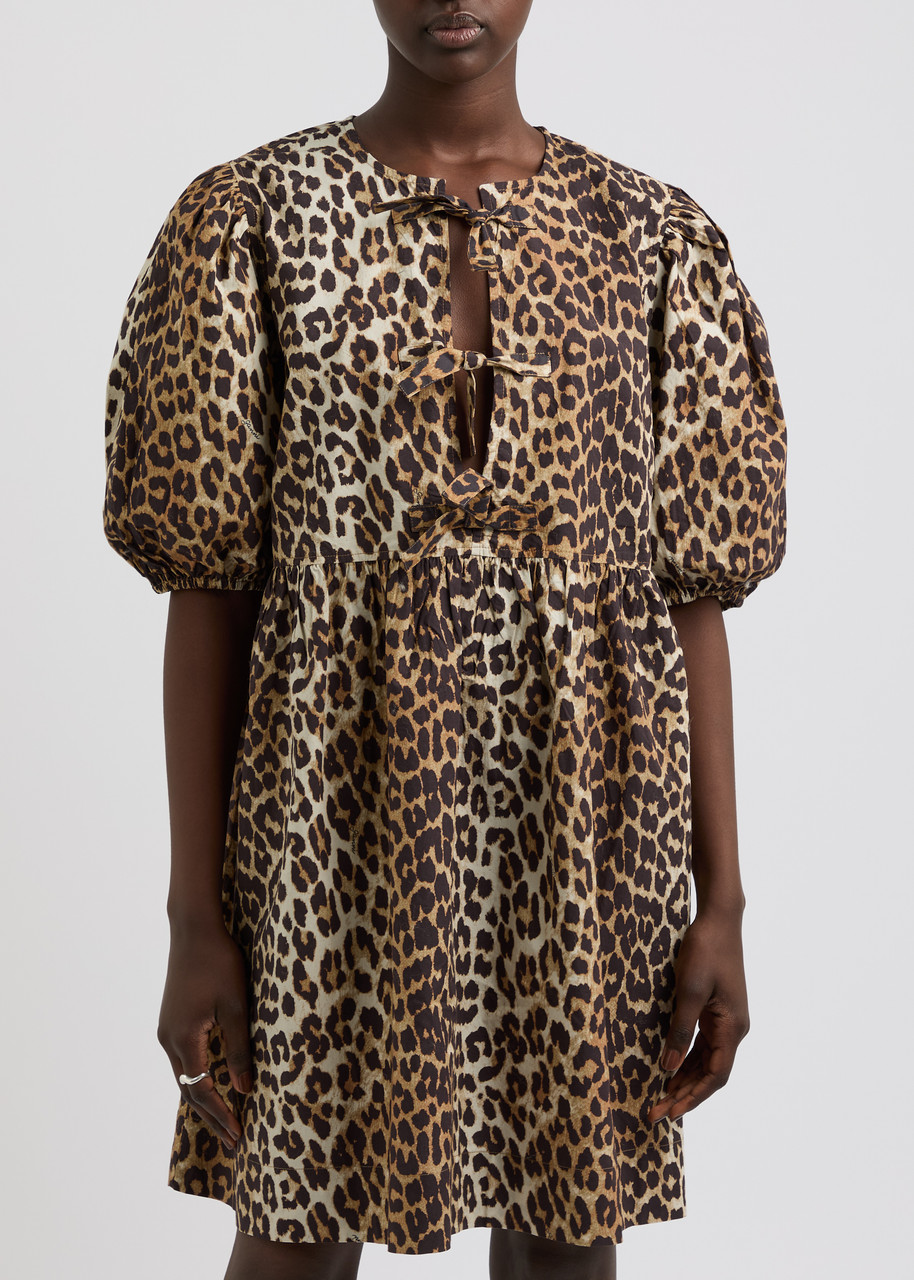 Ganni Brown Leopard Printed Cotton Tie String Minidress In 943 Leopard