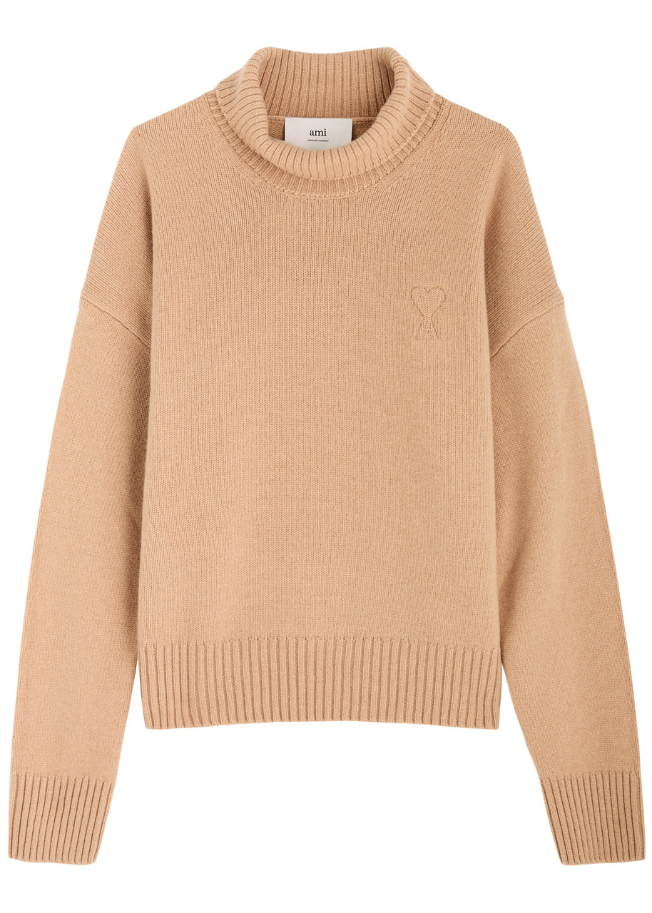 Ami Paris Logo-embossed Wool-blend Jumper – Beige – XL Ami Paris Logo-embossed Wool-blend Jumper – Beige – XL