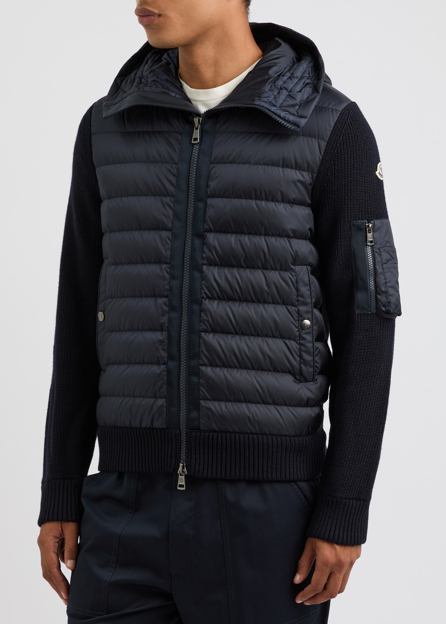  Moncler Quilted Hooded Shell And Wool-blend Cardigan - Navy - Xxl 