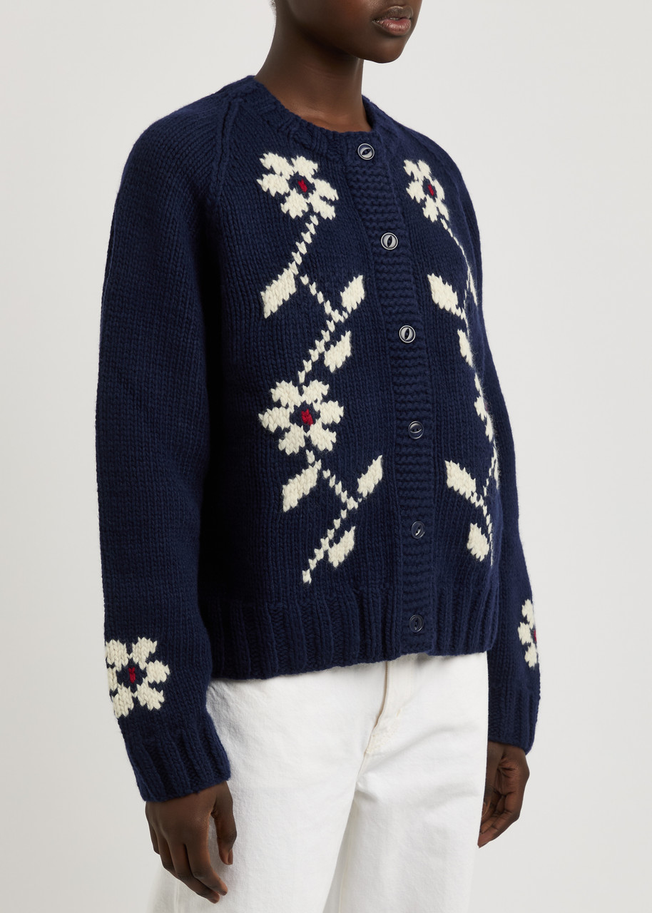  Ymc Atomic Floral-intarsia Wool-blend Cardigan - Navy - L (uk14 / L) 