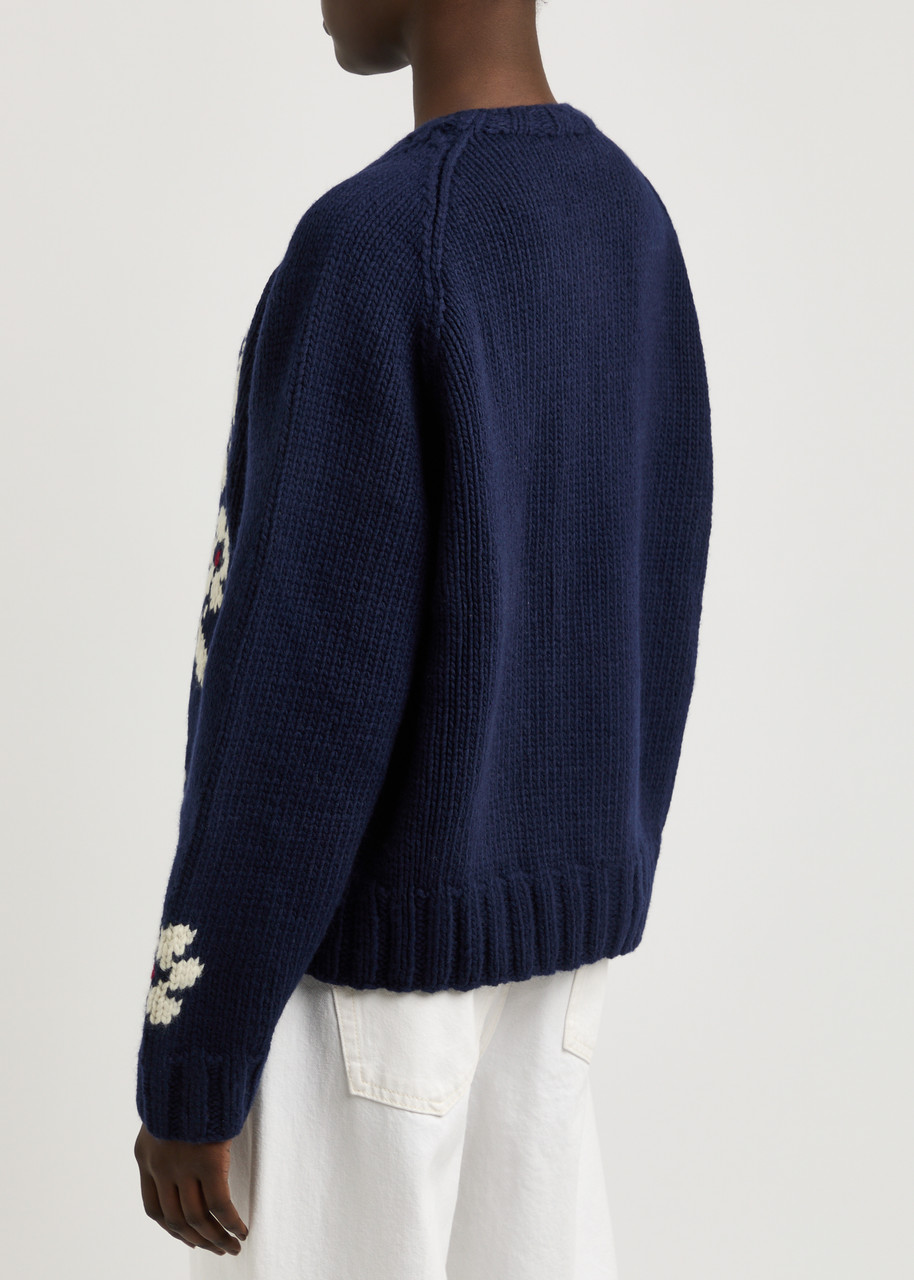  Ymc Atomic Floral-intarsia Wool-blend Cardigan - Navy - L (uk14 / L) 