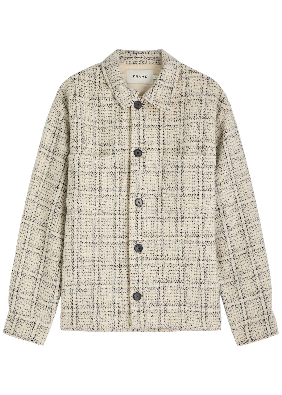 Frame Checked Wool-blend Overshirt In Off White
