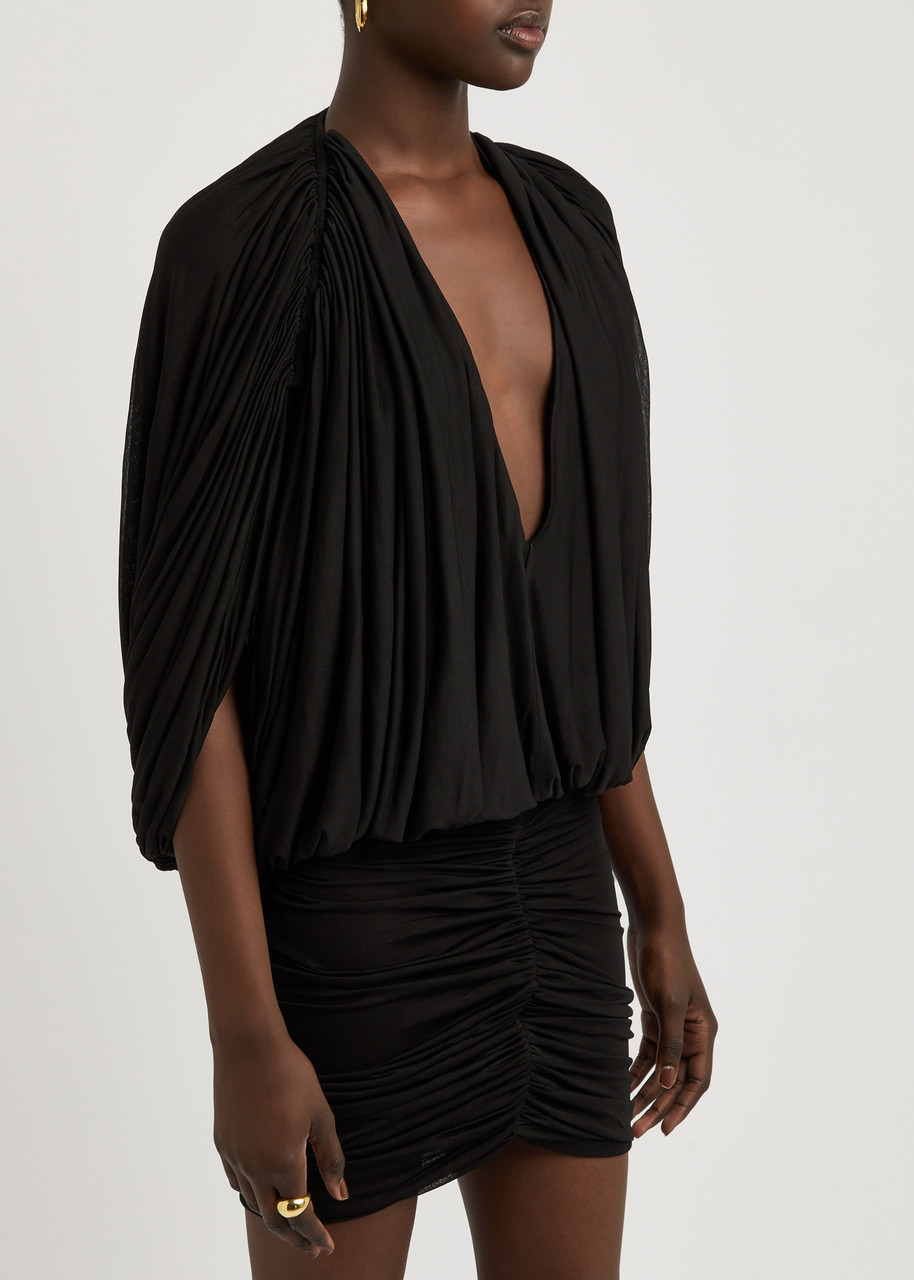 Saint Laurent Yves Draped Ruched Mini Dress In Black