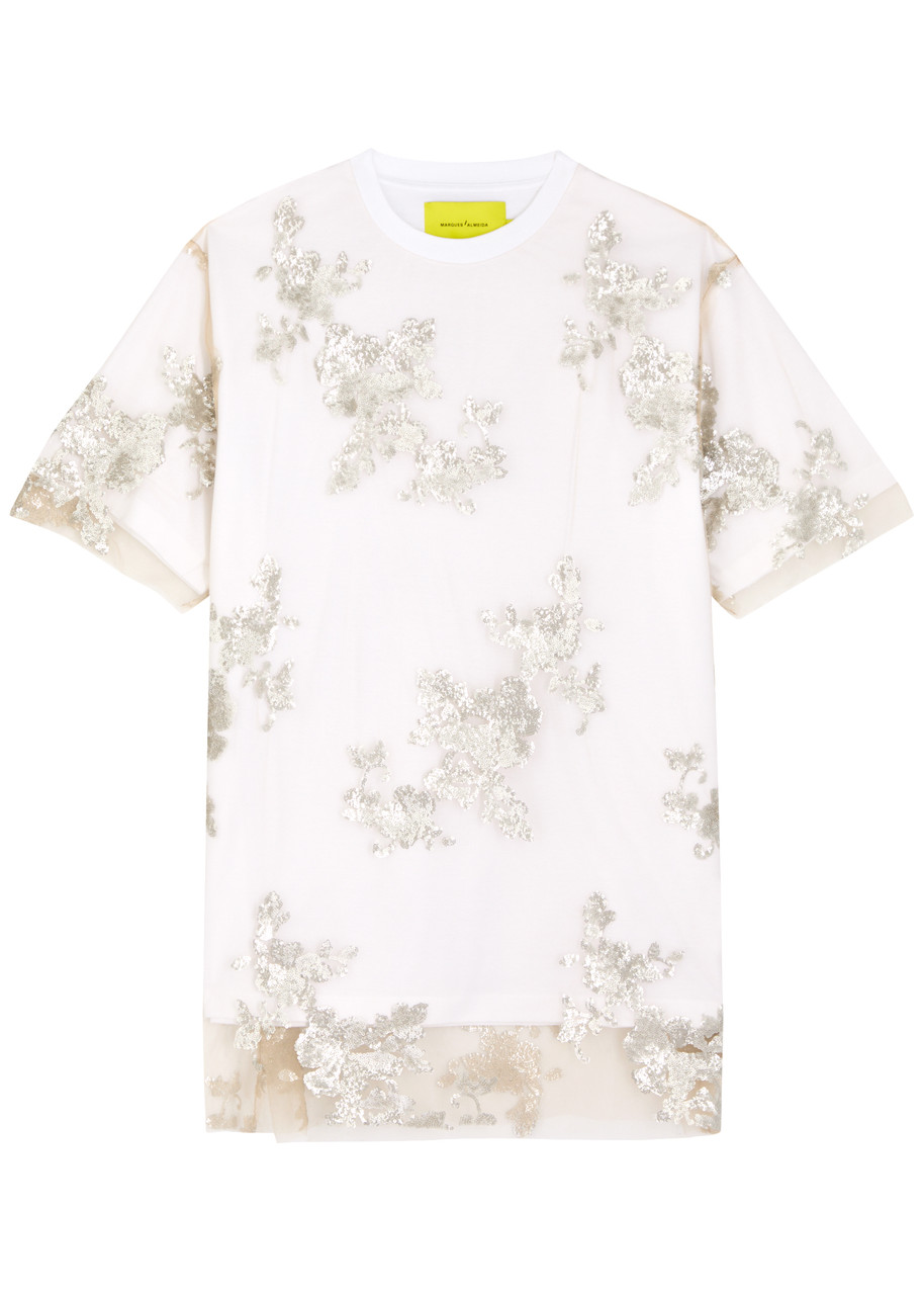 Marques' Almeida Floral Sequin-embellished Tulle and Cotton T-shirt - White