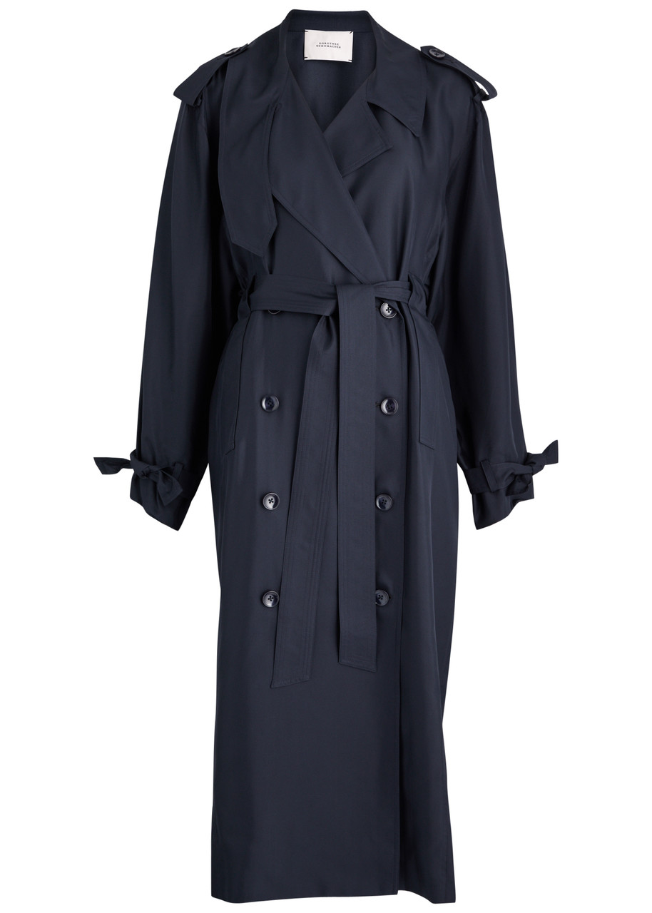 Dorothee Schumacher Double-breasted Trench Coat Dress In Silk Twill In Navy