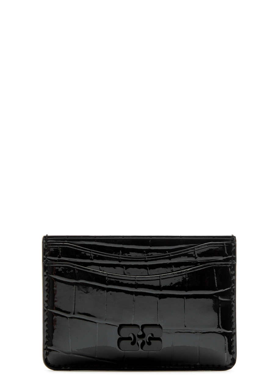 Ganni Bou Crocodile-effect Patent Leather Card Holder In Black