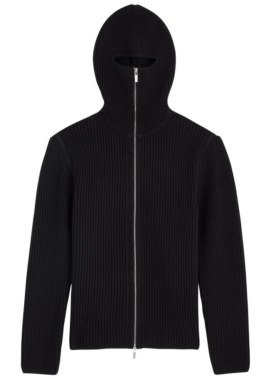 Helmut Lang Balaclava Hooded Ribbed Wool Sweatshirt - Black - M