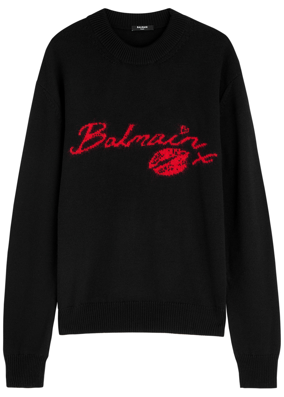 Balmain Virgin Wool Kiss Sweater With Lips Motif In Black
