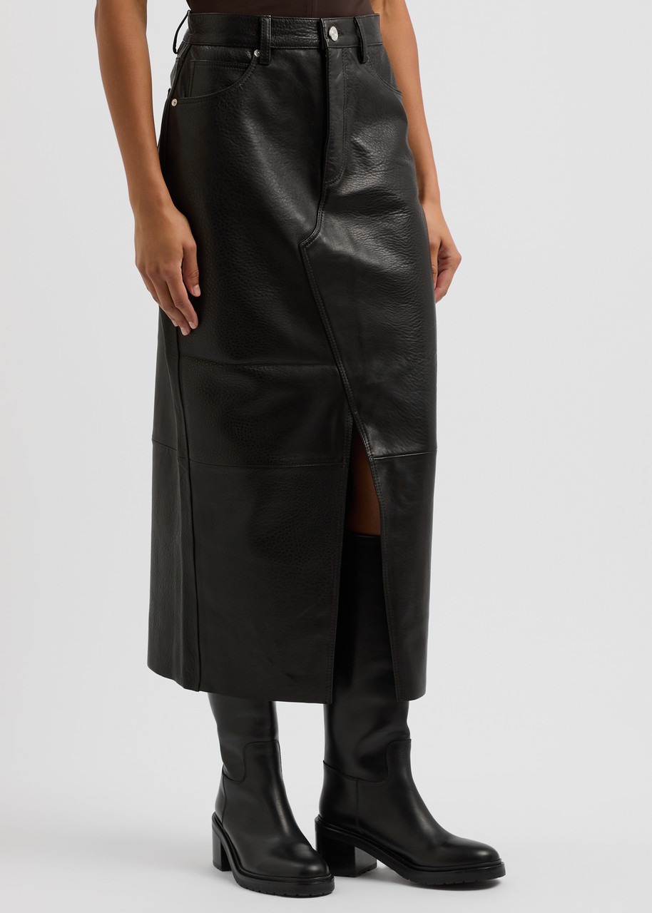 Frame Panelled Leather Midi Skirt In Black