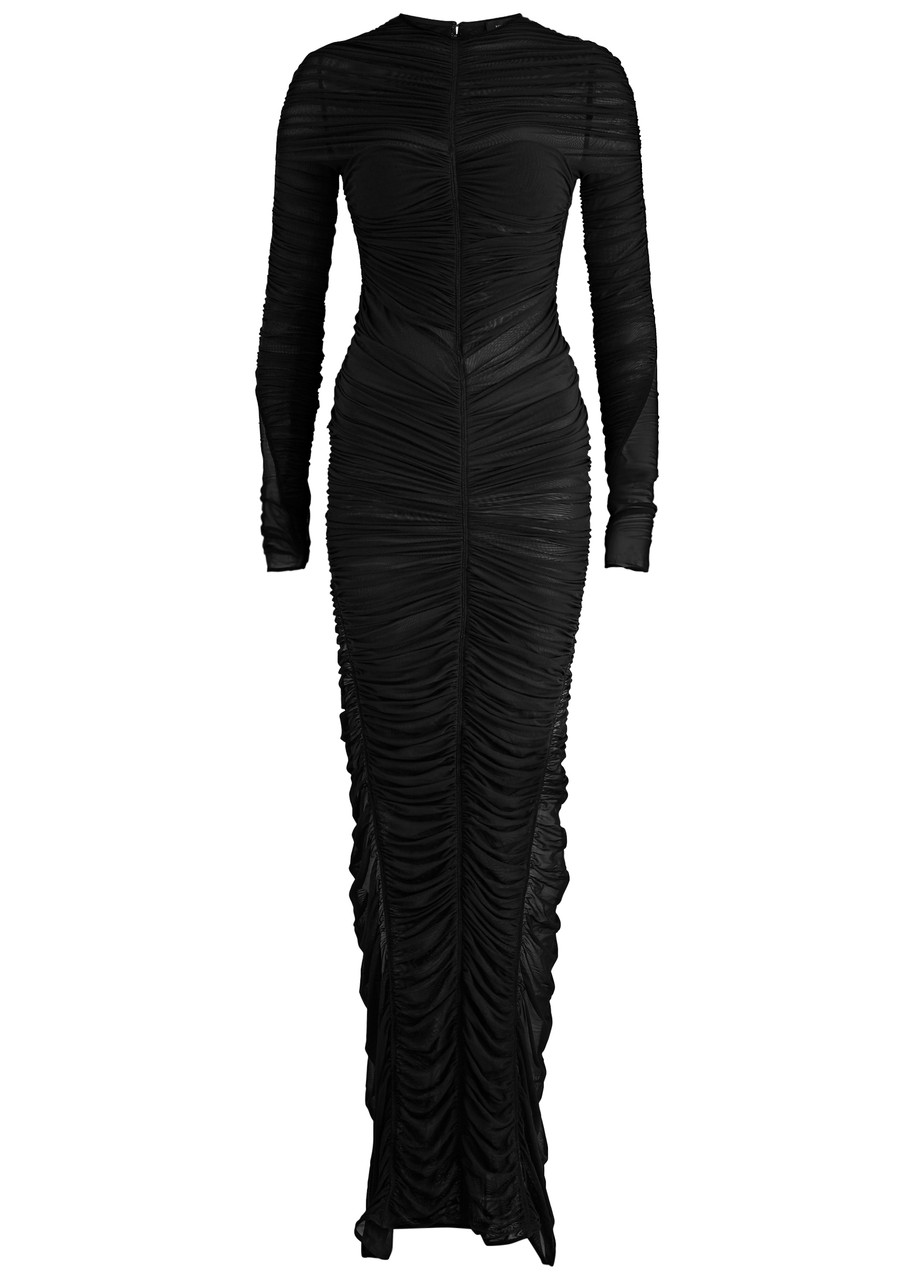 Mugler Ruched Maxi Pencil Dress In Black