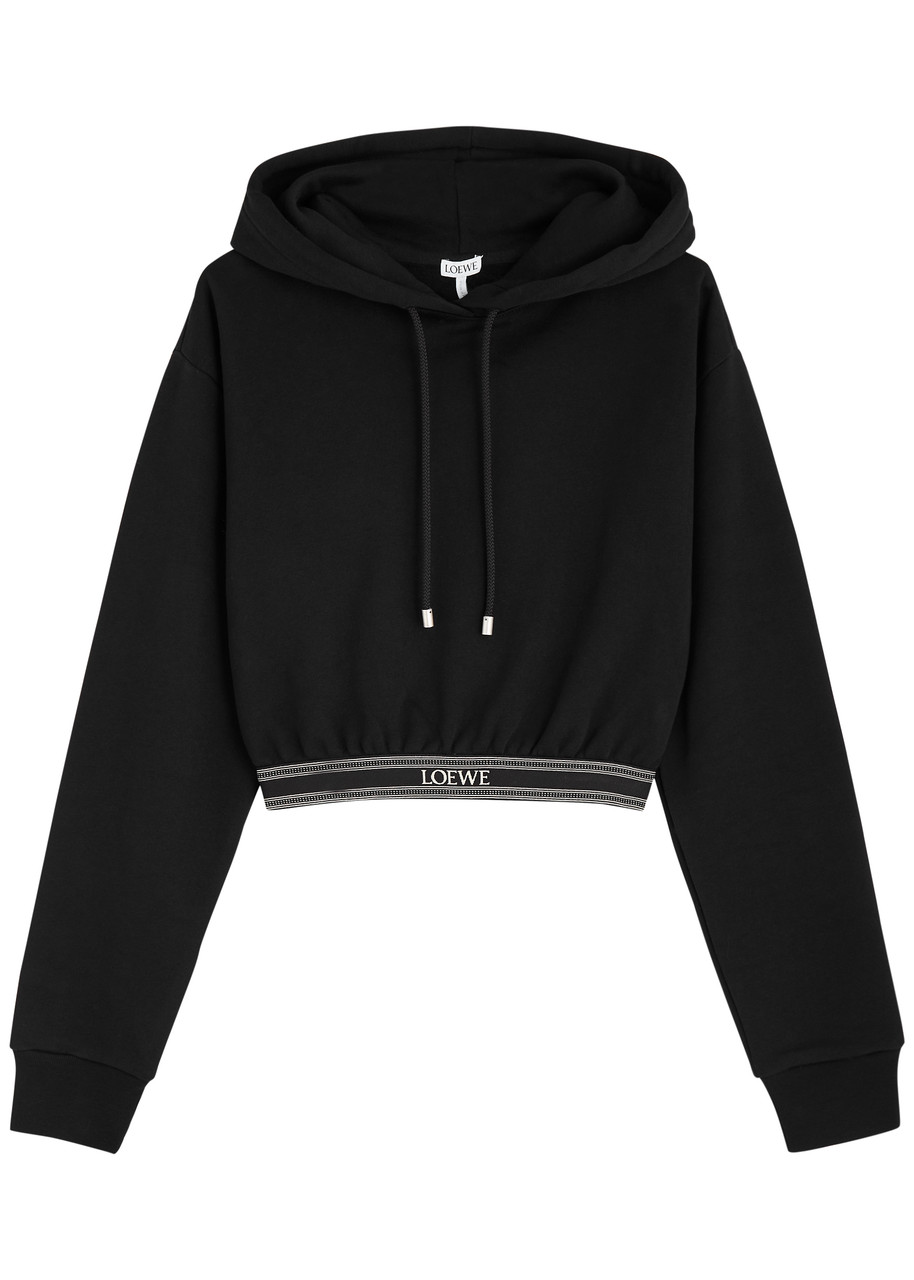 Loewe Logo Cropped Hooded Cotton Sweatshirt - Black