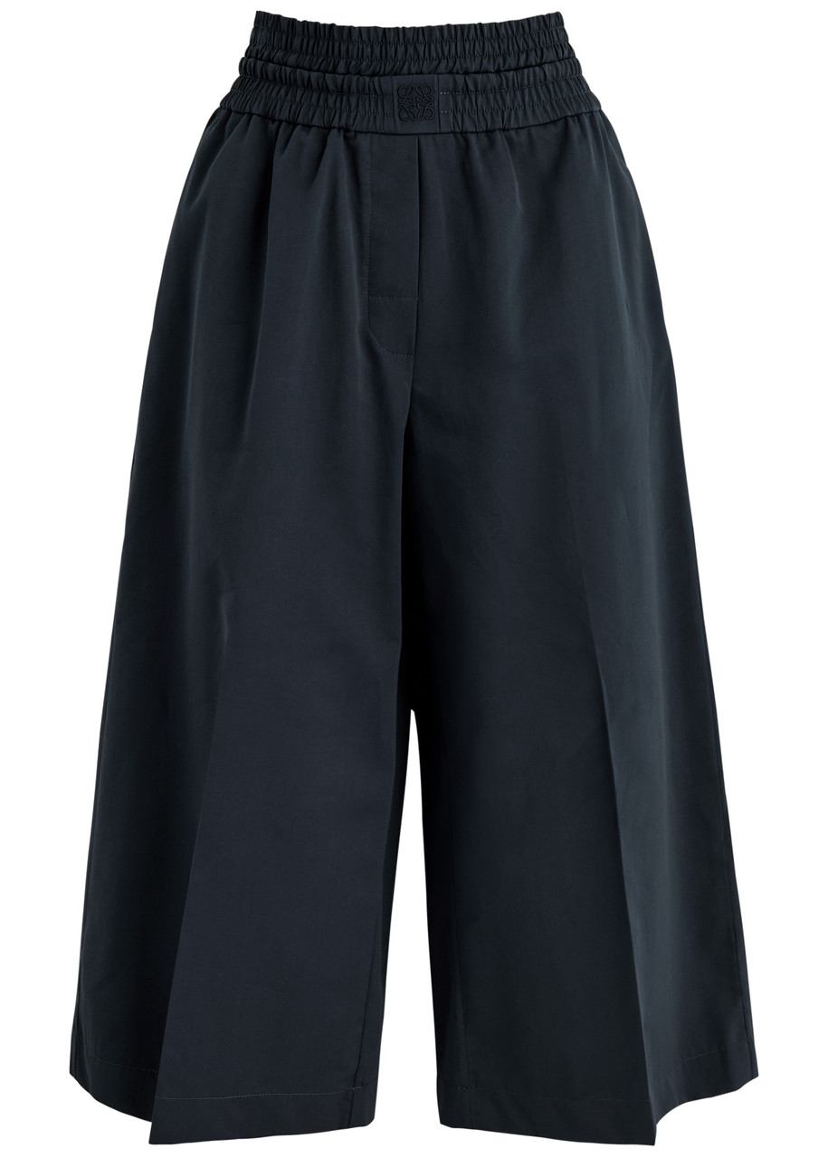 Loewe Cropped Wide-leg Cotton-blend Trousers In Navy