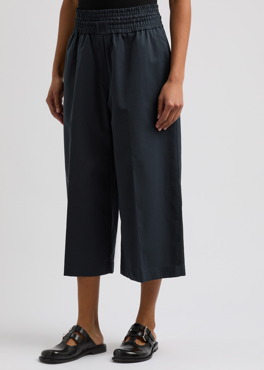 Loewe Cropped Wide-leg Cotton-blend Trousers In Navy